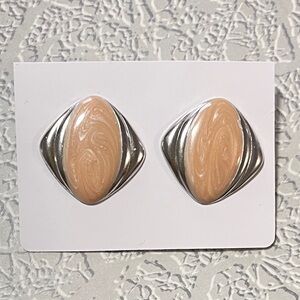 Vintage 80s Retro Pink Peach Pierced Earrings Enamel Silver Tone